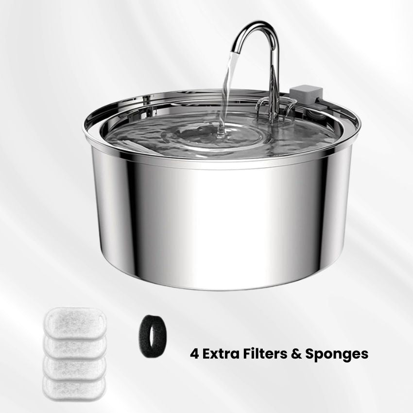Stainless steel pet water fountain which comes together with four extra filters and four extra sponges