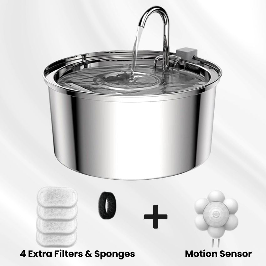stainless steel pet water fountain which comes ith four extra filters and four extra sponges plus one motion sensor