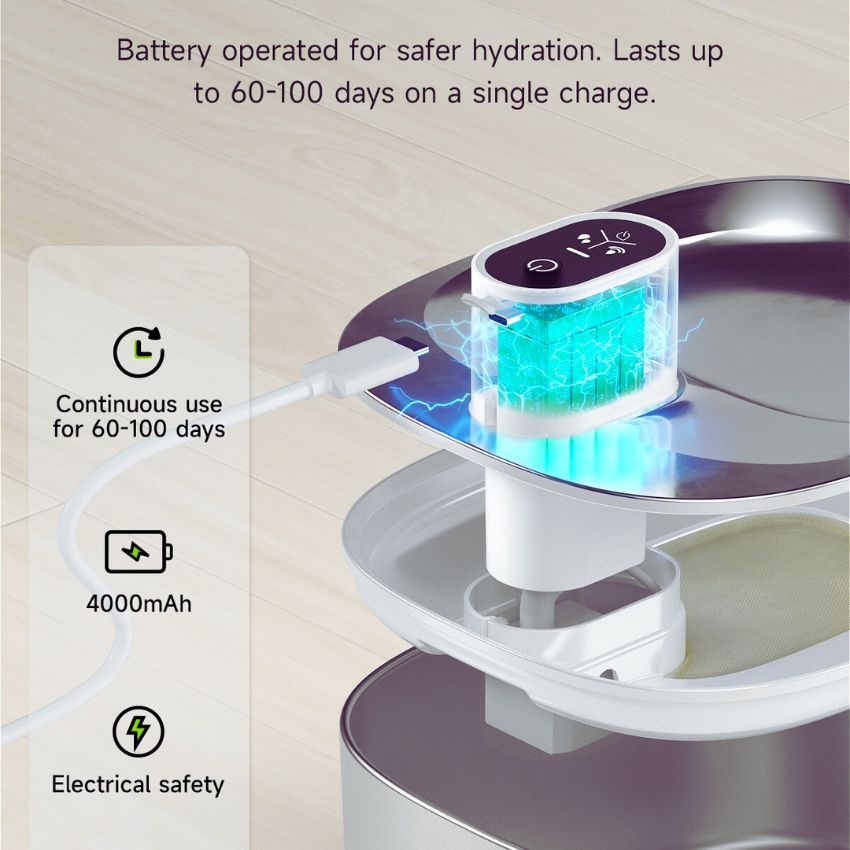 Battery operated water foutian showing where to plug the USB cable for power
