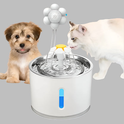 cat and dog near running water fountain that has a flower style motion sensor 