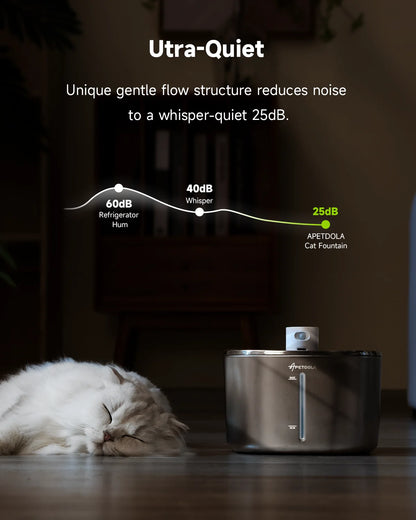 cat sleeping near the water fountain with only 25dB noise